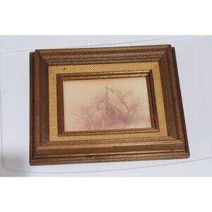 Vintage Framed Art Print Rustic Wood Frame Burlap Mat Windmill Farm Scene